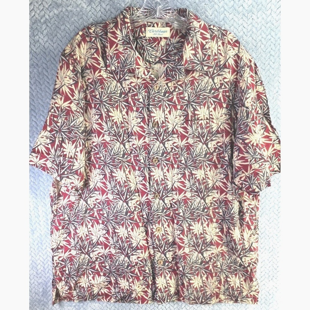 Caribbean Hawaiian Floral Shirt Men's Large Red Casual Silk Blend Loop Collar